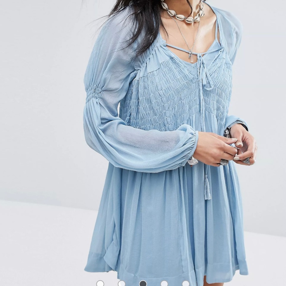 Free People Blue Lini Smocked Sheer Mini Boho Dress Tunic